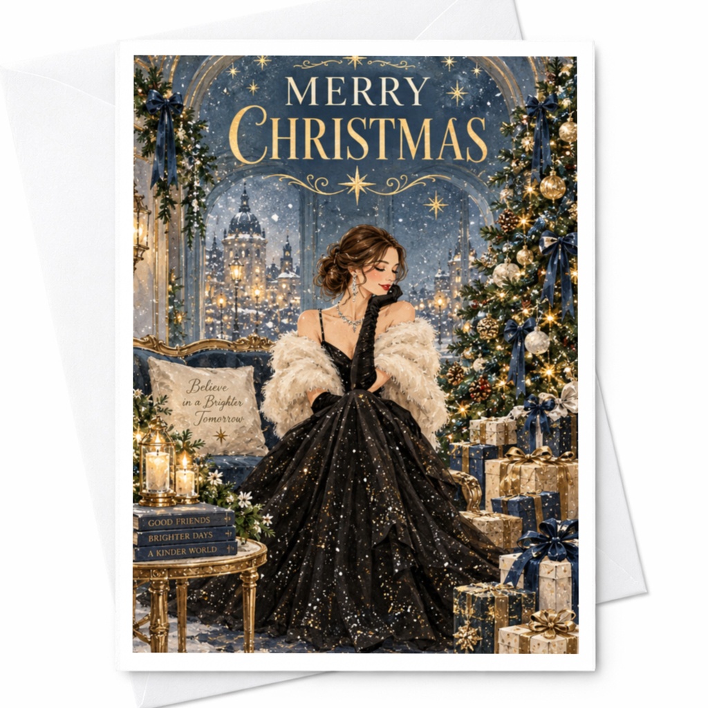Merry Christmas Elegant Christmas Card Festive Holiday Greeting Card With Woman And Tree Winter Scene For Her Seasonal Wishes C8925