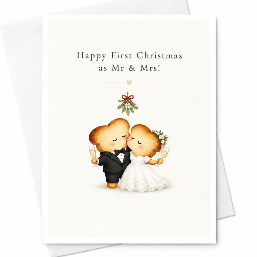 Happy First Christmas As Mr & Mrs! Cute Christmas Card Newlyweds Holiday Greeting Card For Couple Adorable Wedding Card C8926