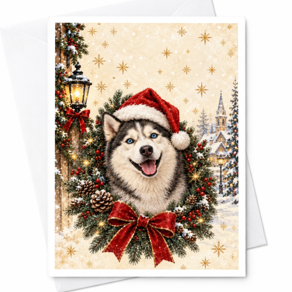 Husky Christmas Card Cute Dog Holiday Greeting Card Winter Scene Santa Hat Wreath For Dog Lover Festive Animal Card C8930