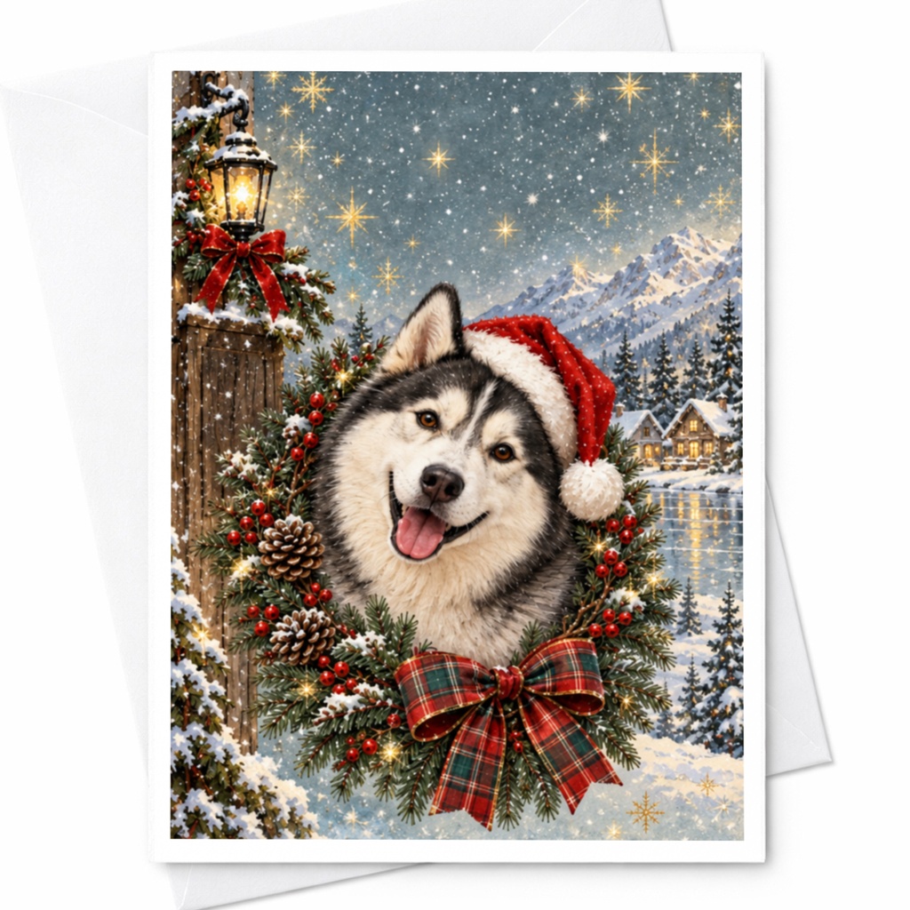 Husky Christmas Card Cute Dog Holiday Greeting Card Winter Scene With Santa Hat And Wreath For Dog Lovers Festive Card C8931