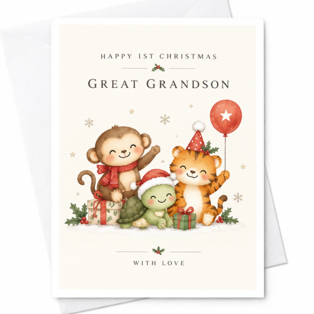 Happy 1st Christmas Great Grandson With Love Cute Animal Christmas Card For Great Grandson Holiday Greeting Card Festive C9000
