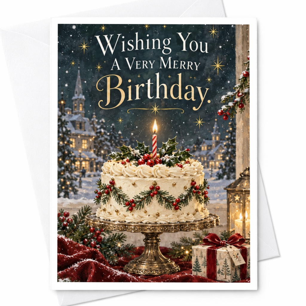 Wishing You A Very Merry Birthday Festive Birthday Card Christmas Birthday Celebration Winter Scene Cake Candle C8933