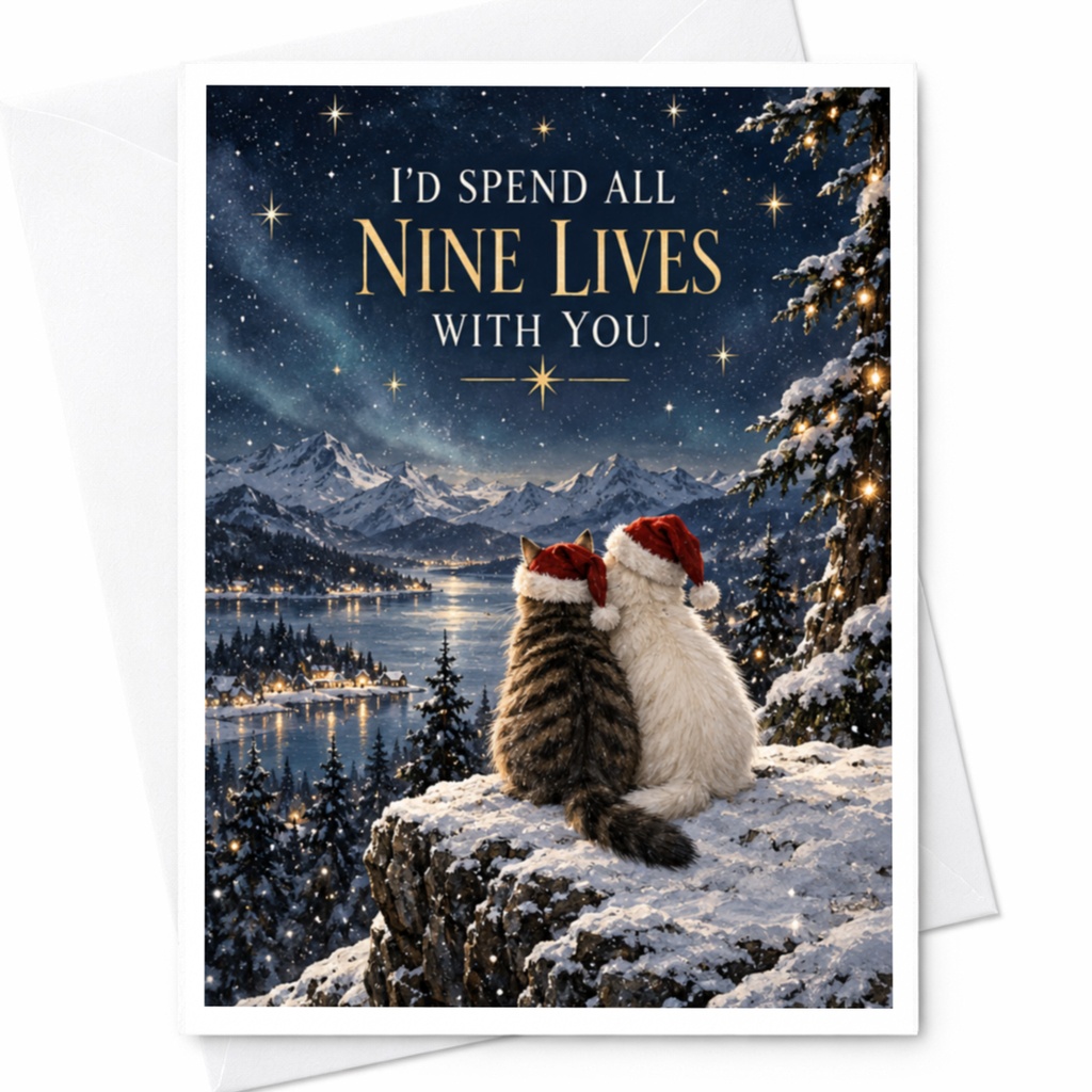 I'd Spend All Nine Lives With You Christmas Card Cute Cat Couple Holiday Greeting Card Romantic Winter Scene For Cat Lover C9003