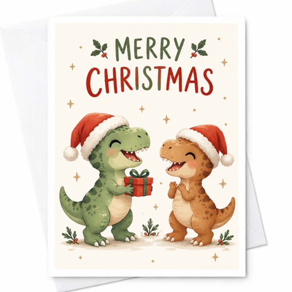 Merry Christmas Cute Dinosaur Christmas Card Festive Holiday Greeting Card With Santa Hats For Kids Family Fun C8934