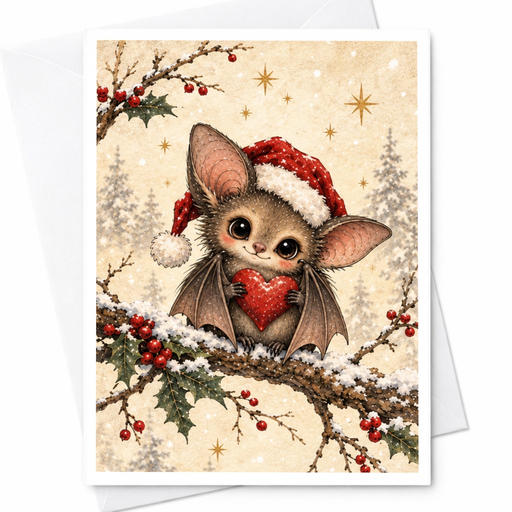Cute Bat Christmas Card Adorable Animal Greeting Card With Heart Santa Hat Holiday Card For Kids And Animal Lovers C9006