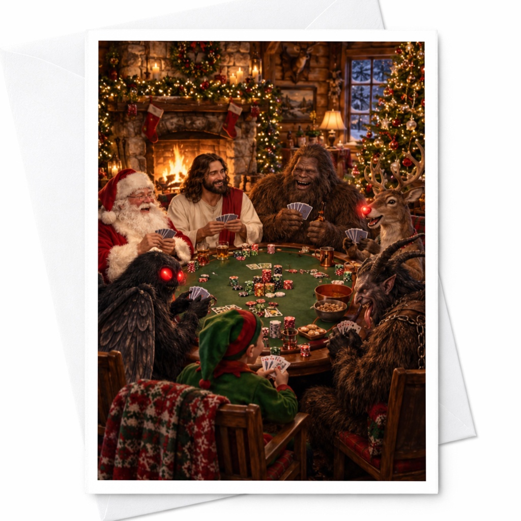 Santa And Mythical Creatures Poker Christmas Card Funny Holiday Greeting Card For Friends Family Unique Festive C8936