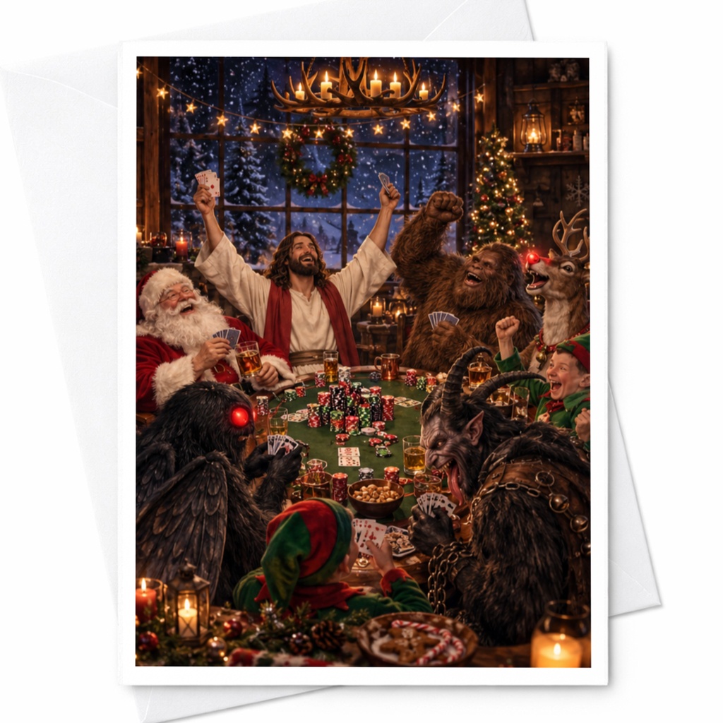 Festive Poker Game Christmas Card Mythical Characters Santa Bigfoot Jesus Holiday Greeting Card Funny Xmas Card C8937