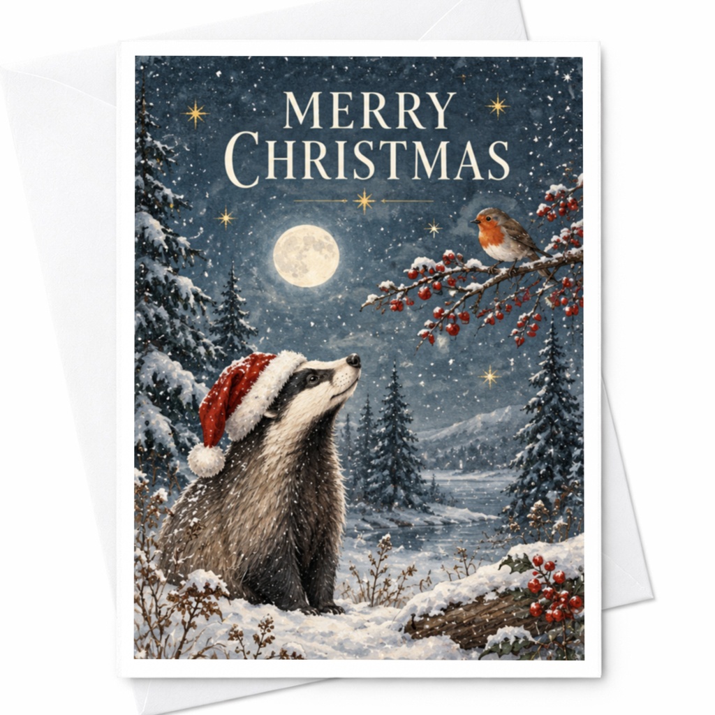 Merry Christmas Cute Raccoon Christmas Card Woodland Animal Holiday Greeting Card Winter Scene With Robin For Nature Lover C8941