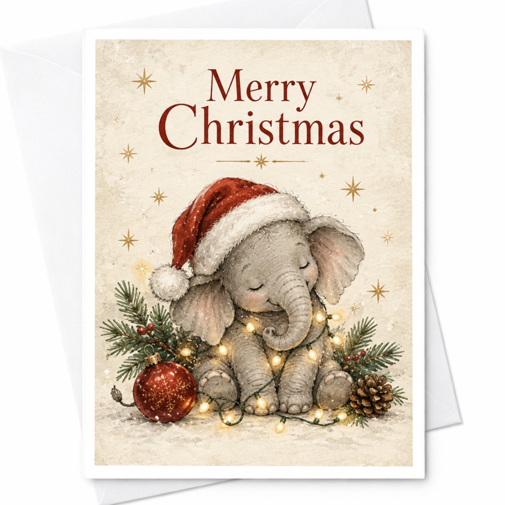 Merry Christmas Cute Elephant Card Holiday Greeting Card Adorable Animal Christmas Card For Kids Family Festive Card C8942