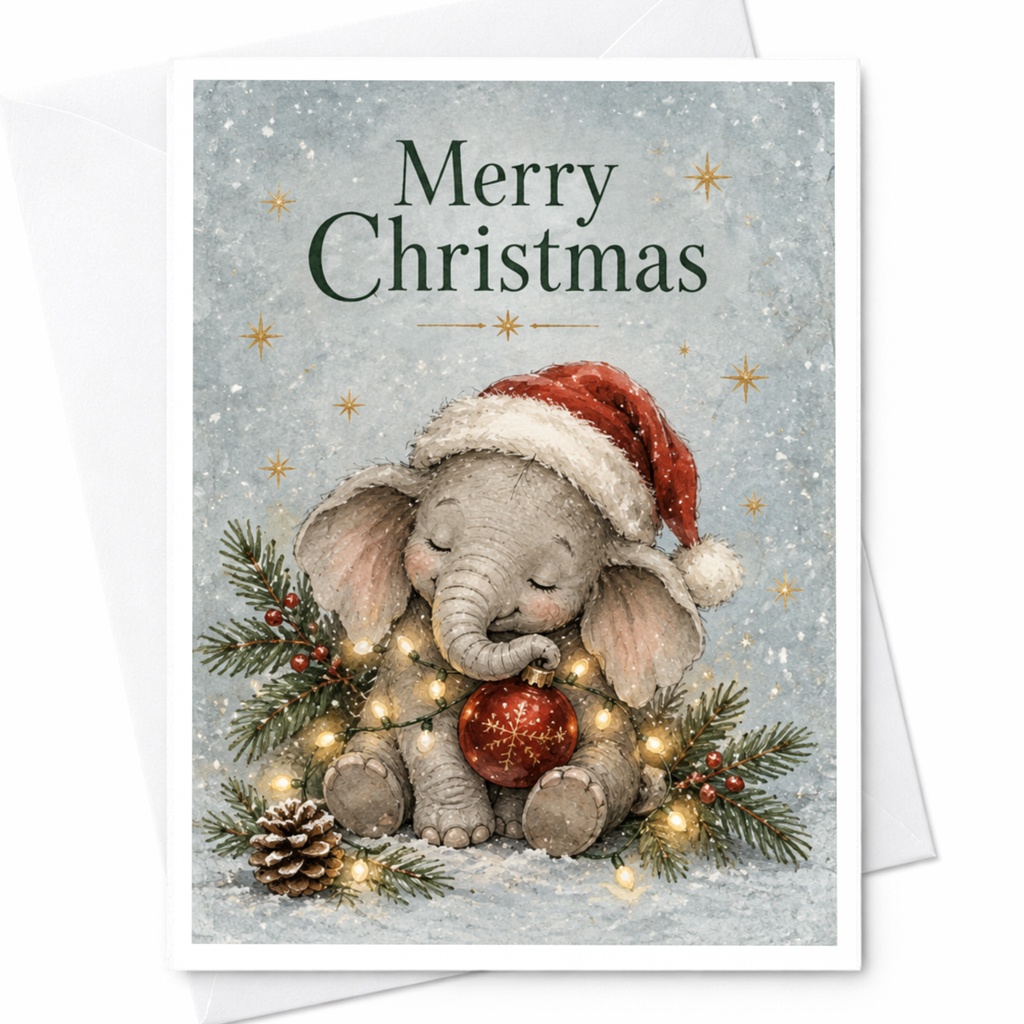 Merry Christmas Cute Elephant Card Adorable Holiday Greeting Card With Santa Hat Festive Animal Christmas Card For Kids Family C8943