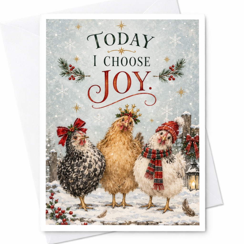 Today I Choose Joy Christmas Card Cute Chickens Winter Holiday Card Festive Greeting Card For Animal Lover Joyful Season C8949