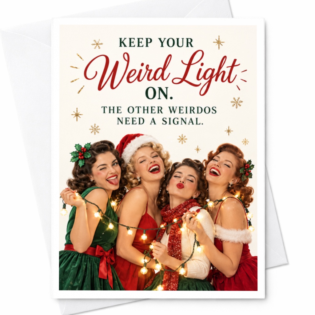 Keep Your Weird Light On Christmas Card Funny Holiday Greeting Card For Friends Quirky Festive Card With Retro Style C8960