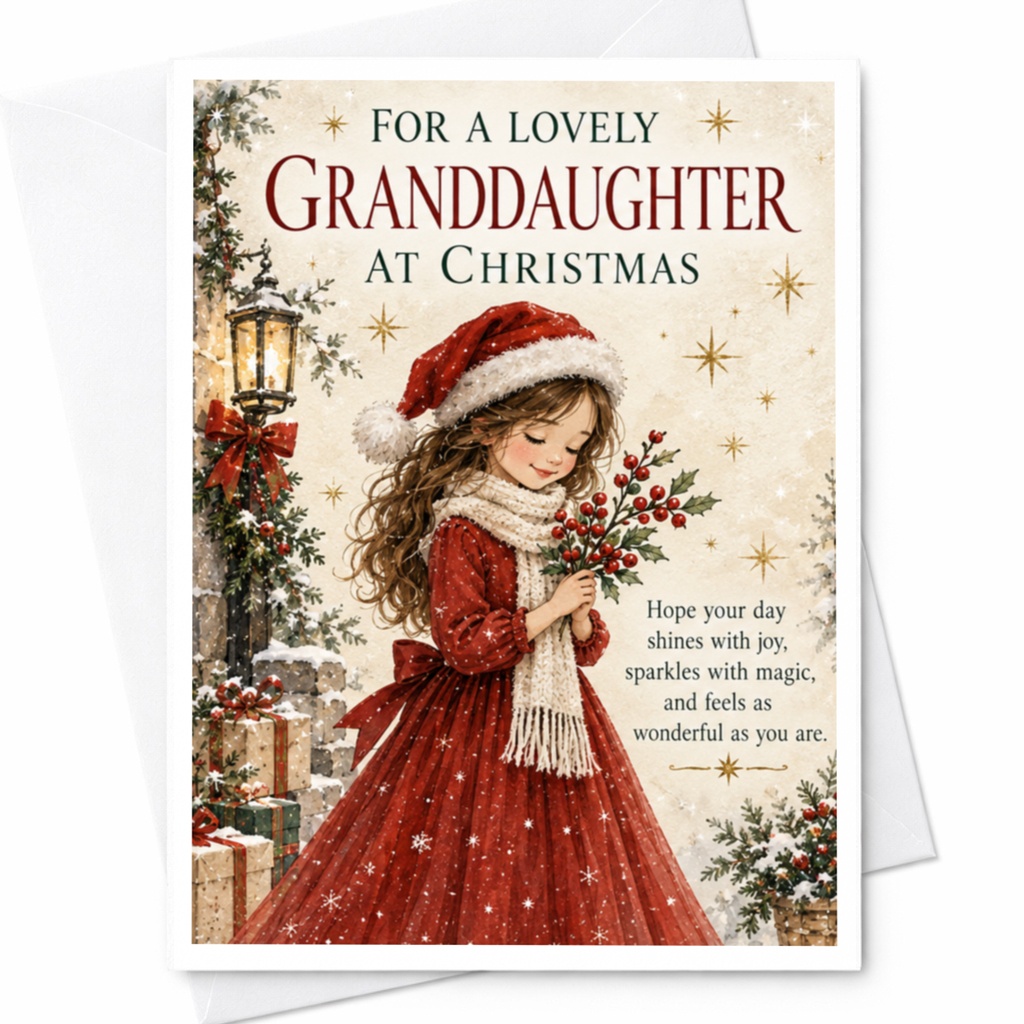 For A Lovely Granddaughter At Christmas Cute Christmas Card Granddaughter Holiday Greeting Card Festive With Holly C8964