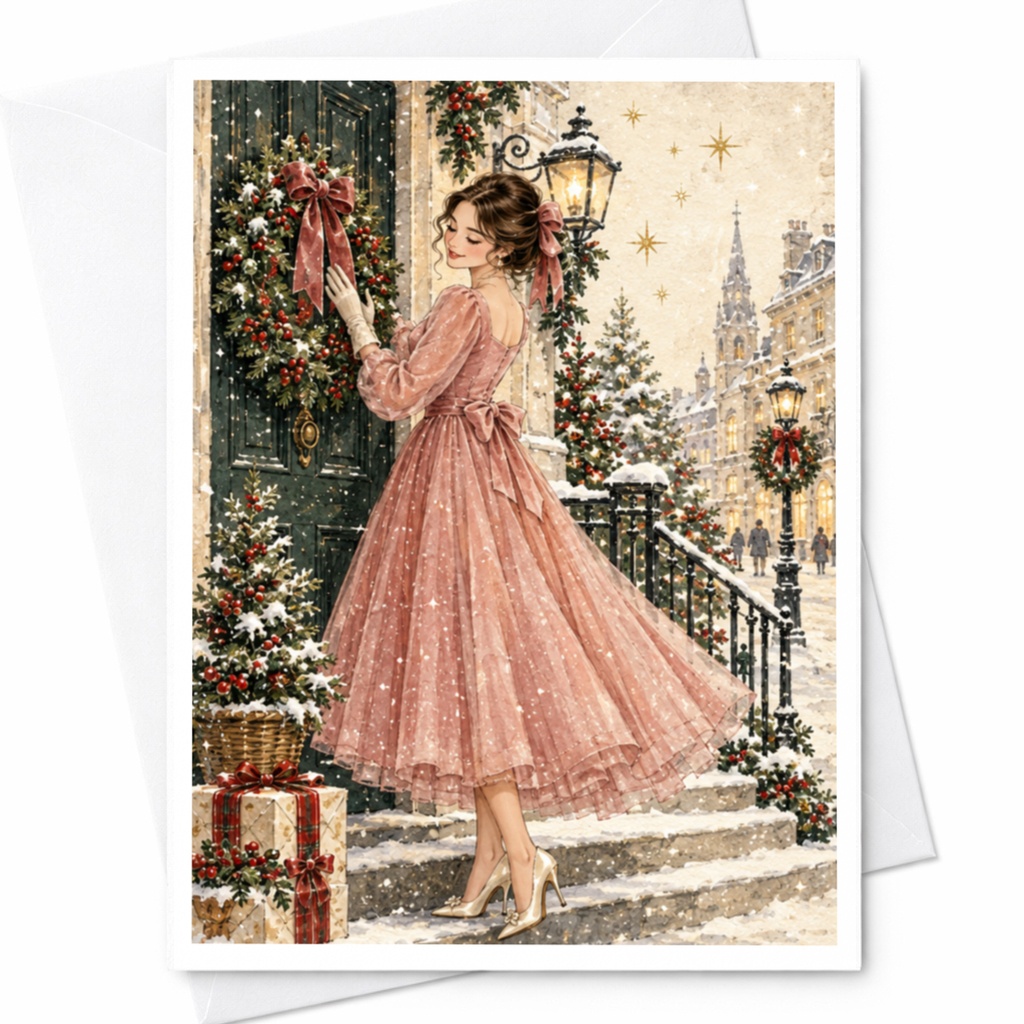 Vintage Winter Scene Christmas Card Elegant Holiday Greeting Card For Her Festive Snowy Street Scene With Woman In Dress C8966