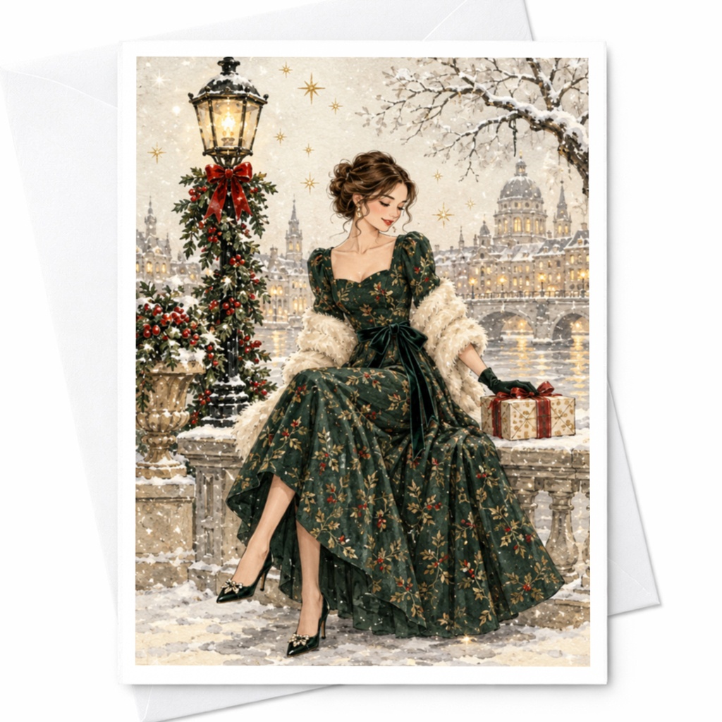Elegant Winter Scene Christmas Card Vintage Style Holiday Greeting Card For Her Festive Snowy Cityscape Art C8967