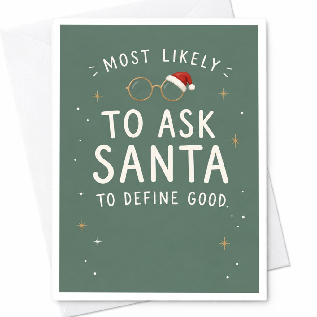 Most Likely To Ask Santa To Define Good Funny Christmas Card Holiday Greeting Card For Friends Family Cute Santa Theme C8969