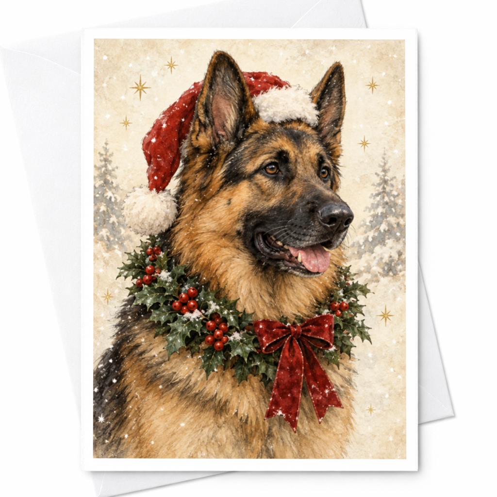 German Shepherd Christmas Card Dog Lover Holiday Greeting Card Santa Hat Holly Wreath Cute Festive Card For Pet Owner C8986