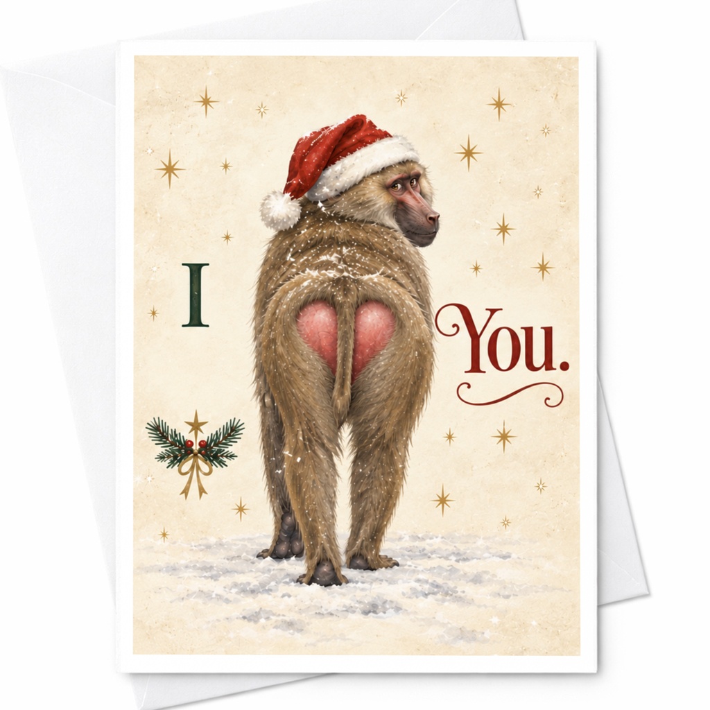 I You. Funny Christmas Card Baboon With Santa Hat Cute Holiday Greeting Card For Animal Lover Xmas Card C8988