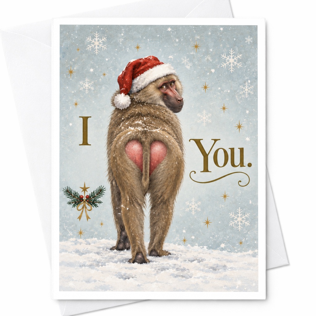 I You. Funny Christmas Card Baboon Santa Hat Holiday Greeting Card For Friend Cute Animal Winter Snow C8989