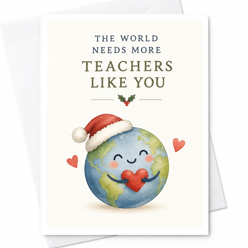 The World Needs More Teachers Like You Christmas Card Cute Earth Santa Hat Heart Teacher Appreciation Holiday Card C8990