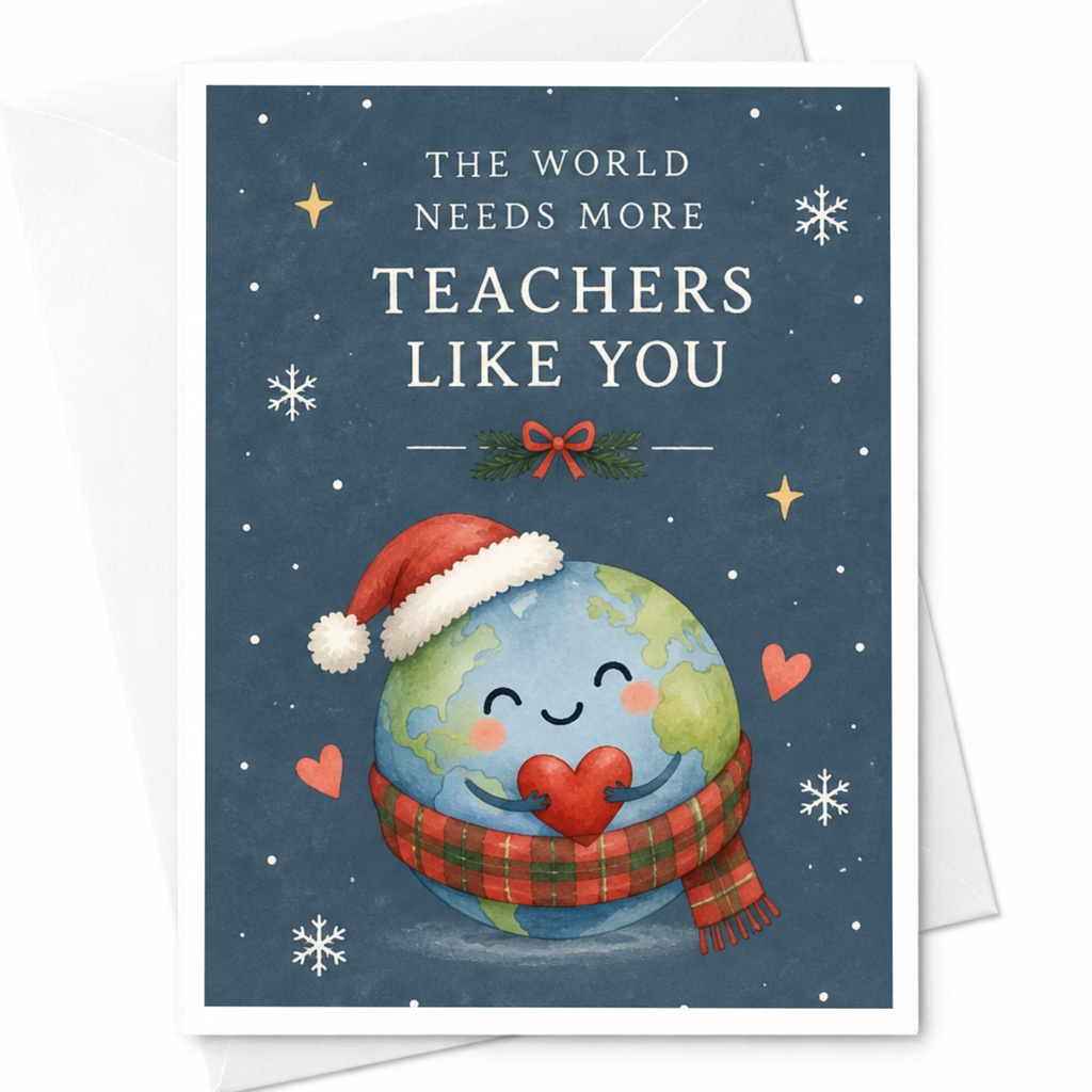 The World Needs More Teachers Like You Christmas Card Cute Earth Santa Hat Holiday Greeting Card For Teacher Appreciation C8991