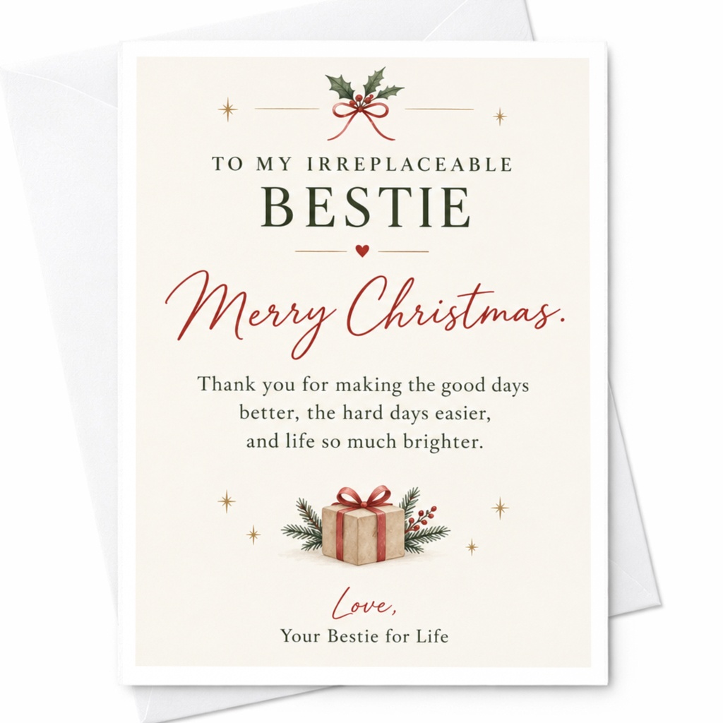 To My Irreplaceable Bestie Merry Christmas Card For Best Friend Holiday Greeting Card Cute Festive With Gift Illustration C8994