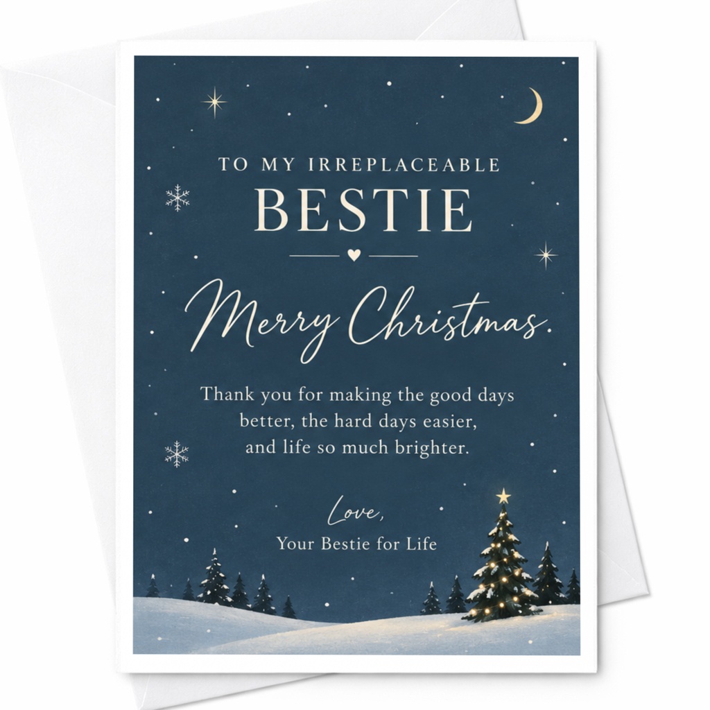 To My Irreplaceable Bestie Merry Christmas Card For Best Friend Heartfelt Holiday Greeting Card From Bestie Festive Winter Scene C8995