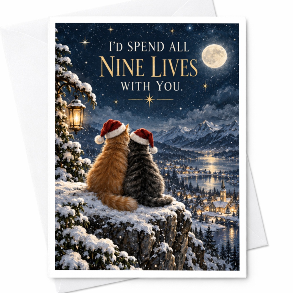 I'd Spend All Nine Lives With You Christmas Card Cute Cats Romantic Holiday Card For Cat Lover Winter Scene C9002