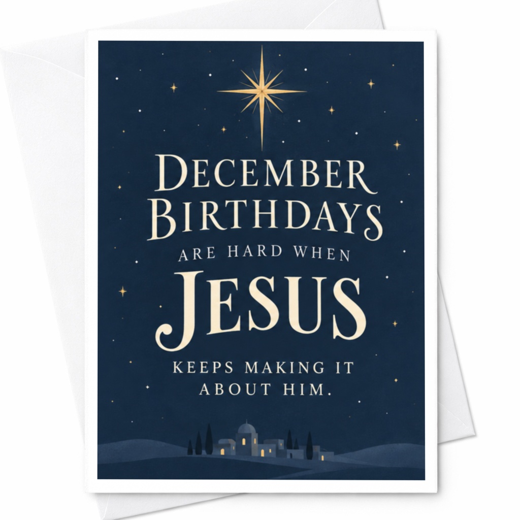 December Birthdays Are Hard When Jesus Keeps Making It About Him Funny Birthday Card For December Birthdays Greeting Card C9005
