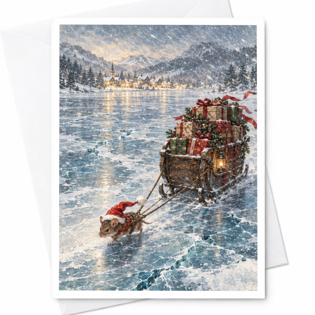 Mouse Pulling Sleigh Christmas Card Cute Winter Scene Holiday Greeting Card For Animal Lover Festive Snowy Landscape C9007