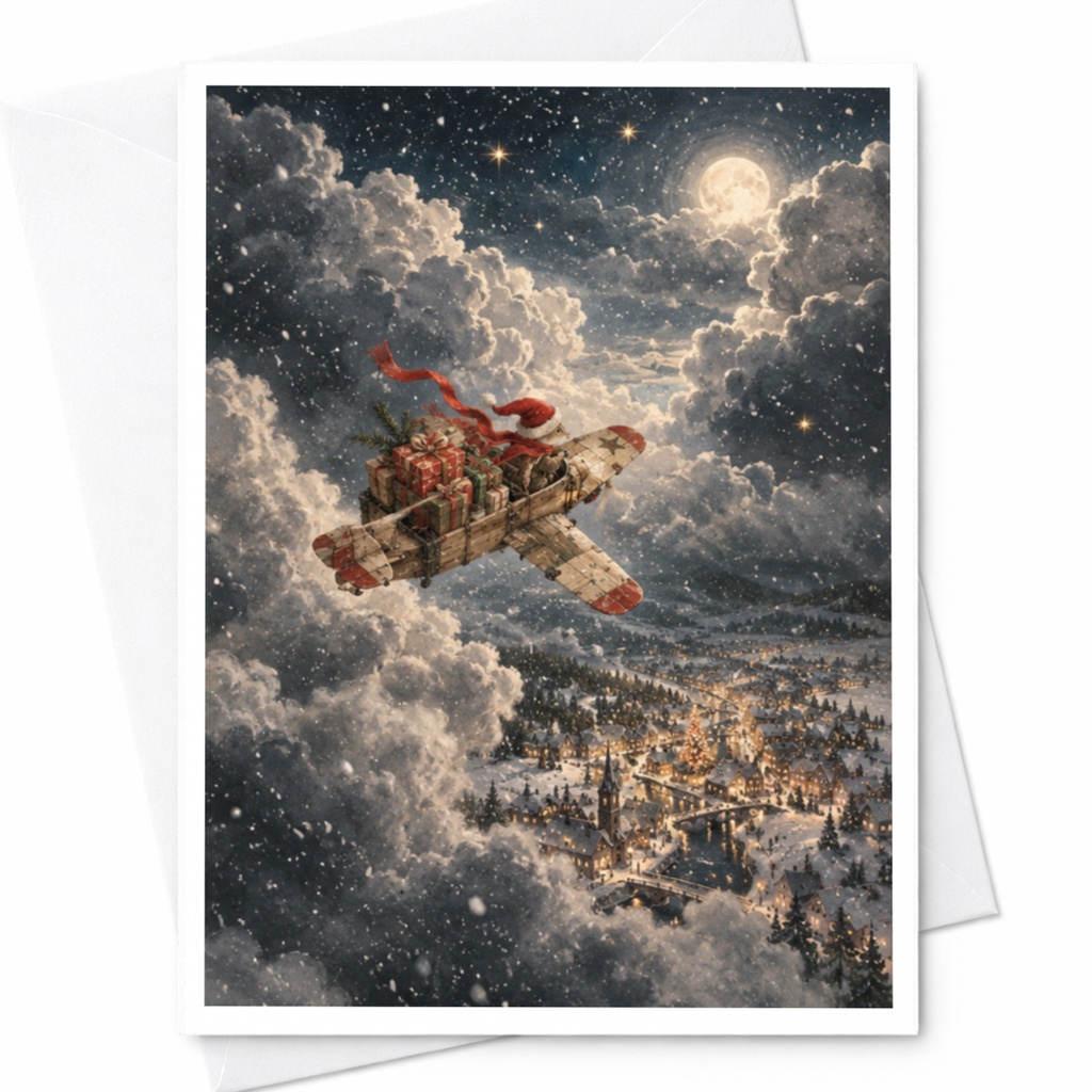Vintage Airplane Christmas Card Festive Holiday Greeting Card Winter Scene With Gifts For Him Her Family Cute Seasonal Card C9012