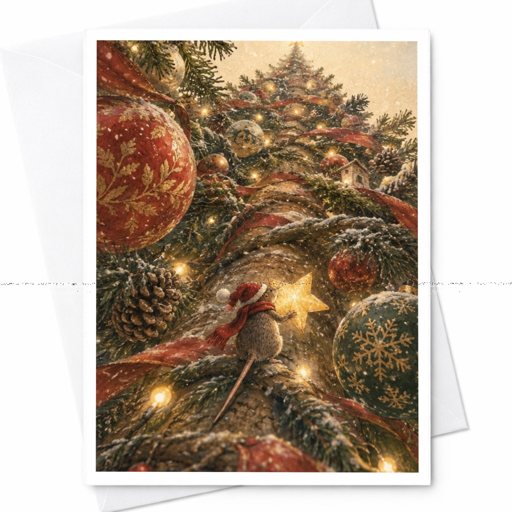 Mouse With Star Christmas Card Cute Holiday Greeting Card For Animal Lover Festive Winter Scene With Tree And Ornaments C9013