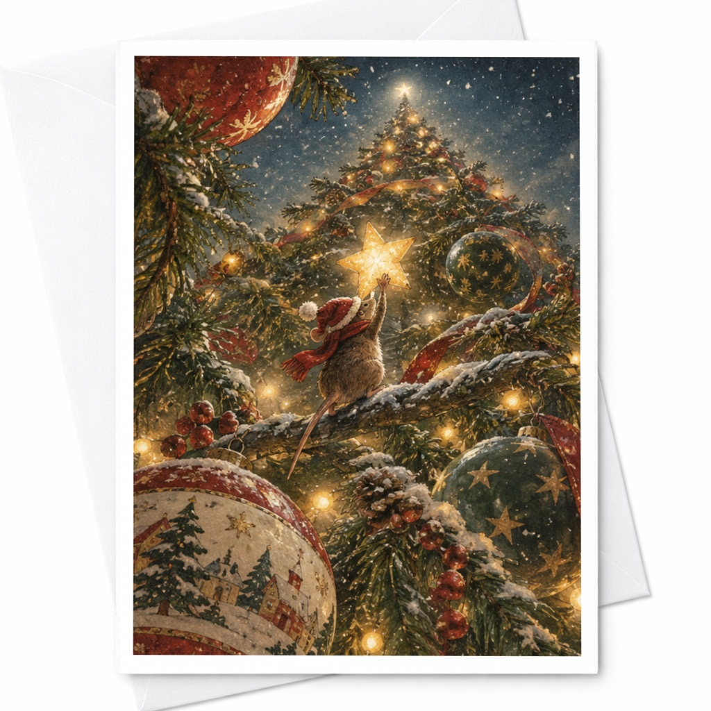 Mouse Decorating Christmas Tree Card Cute Holiday Greeting Card Festive Animal Lover Christmas Card For Friend Family C9014