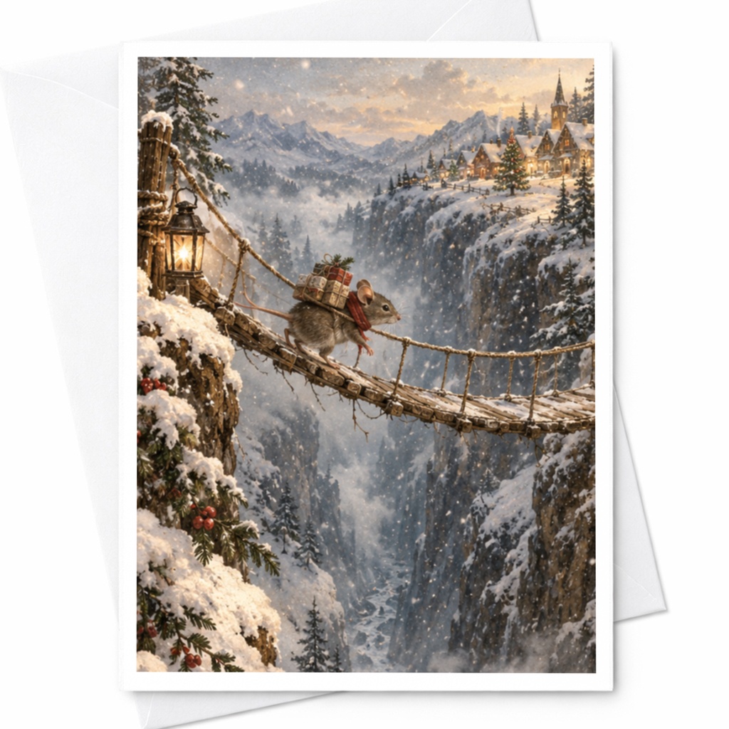 Mouse Crossing Snowy Bridge Christmas Card Winter Wonderland Scene Holiday Greeting Card Cute Animal Illustration For Friend C9015