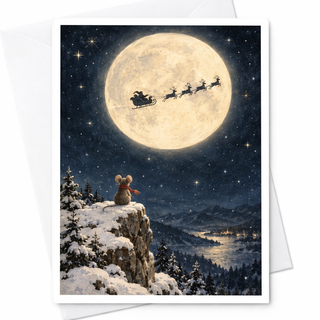 Mouse Watching Santa's Sleigh Christmas Card Cute Holiday Greeting Card Winter Scene For Kids Family Festive Illustration C9017