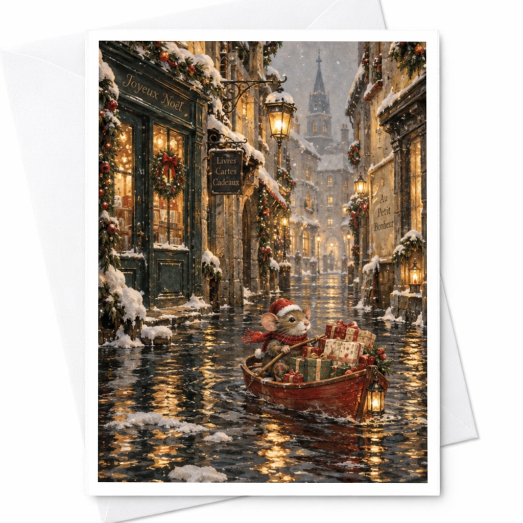 Joyeux Noël Christmas Card Cute Mouse In Boat With Gifts Holiday Greeting Card Winter Scene Festive Card For Friends Family C9019