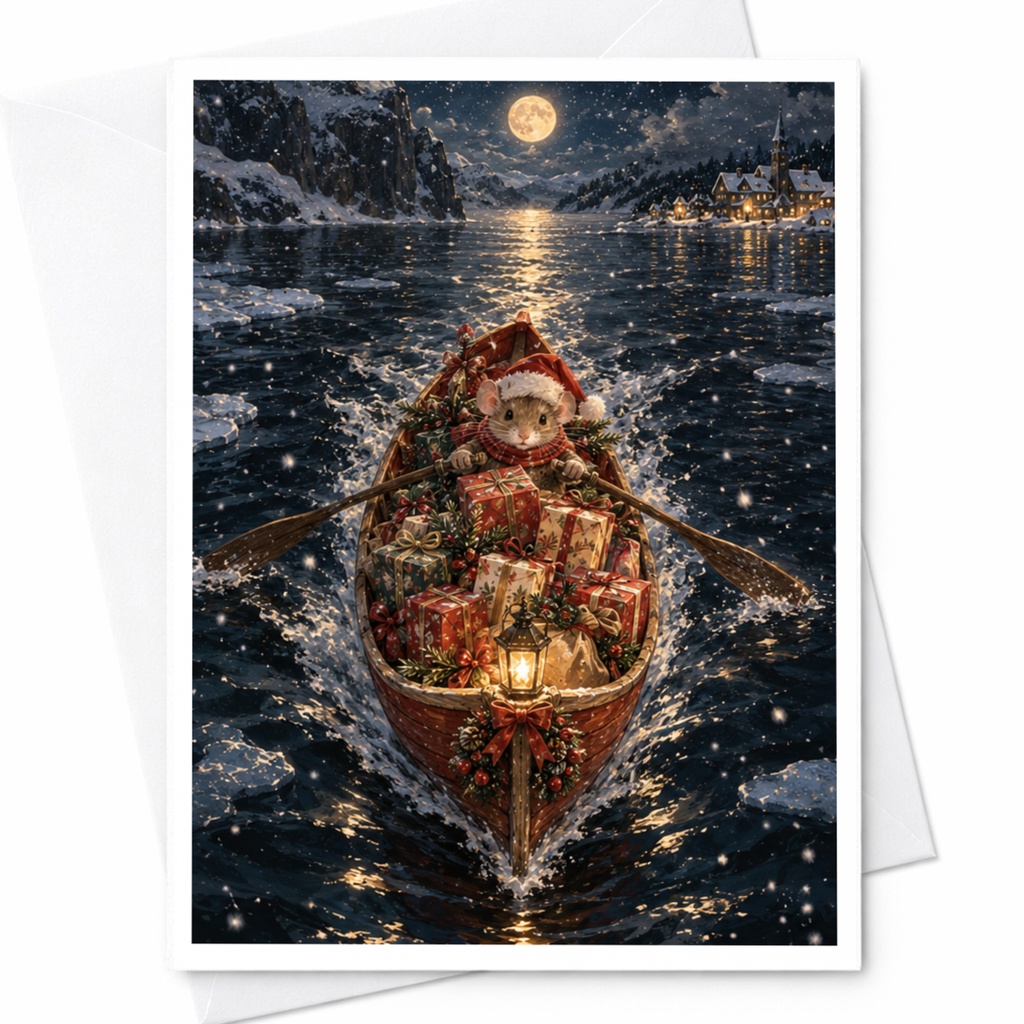 Mouse In Boat With Gifts Christmas Card Cute Holiday Greeting Card For Animal Lover Winter Scene Festive Illustration C9021