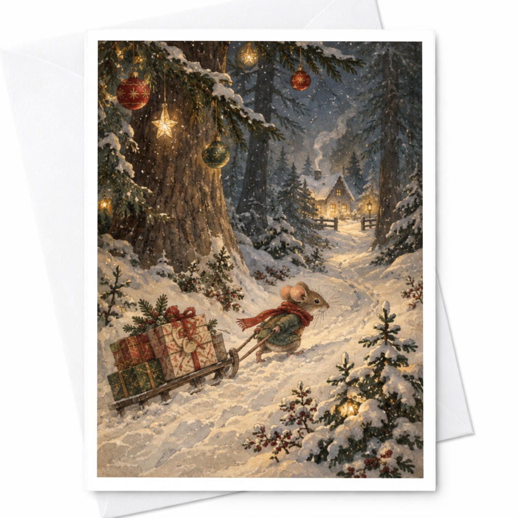 Mouse With Gifts Christmas Card Cute Winter Scene Holiday Greeting Card For Animal Lover Festive Snowy Forest Illustration C9026