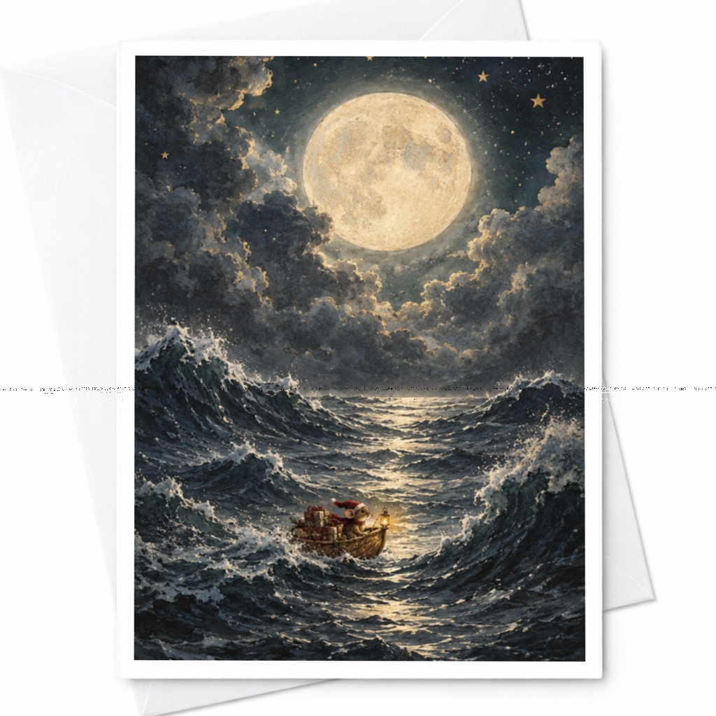 Mouse In Boat Under Moonlight Blank Greeting Card Whimsical Animal Card For Nature Lover Cute Illustration Everyday Card C9028