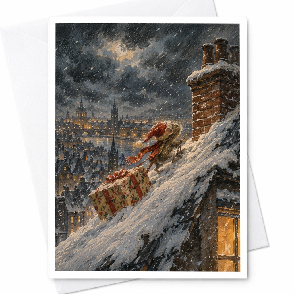Mouse With Gift Christmas Card Cute Holiday Greeting Card Winter Scene For Animal Lover Festive Snowy Rooftop Illustration C9029