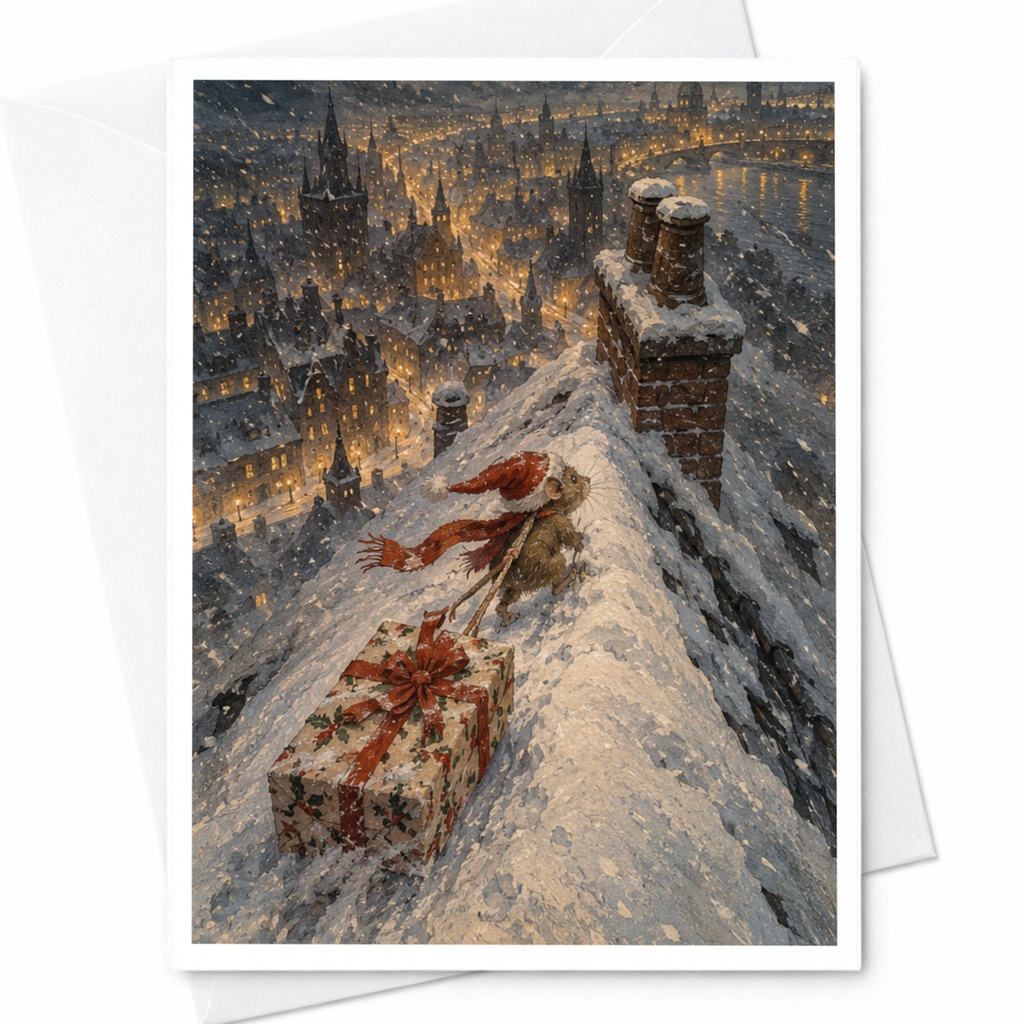 Mouse With Gift Christmas Card Cute Holiday Greeting Card Winter Scene For Animal Lover Festive Snowy Rooftop Illustration C9030