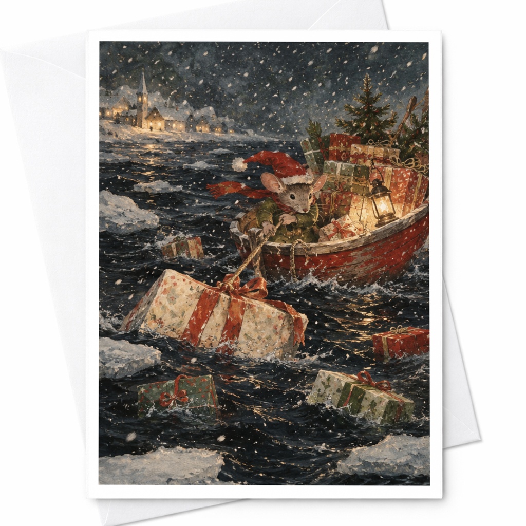 Mouse In Boat With Gifts Christmas Card Cute Holiday Greeting Card For Animal Lover Winter Scene Festive Illustration C9035