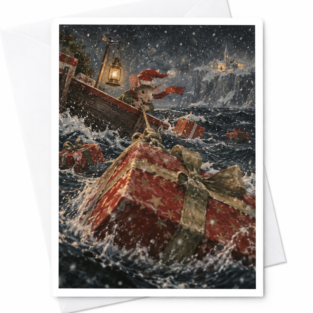 Mouse Christmas Card Cute Holiday Greeting Card Winter Scene With Gifts For Animal Lover Festive Card Snowy Illustration C9036