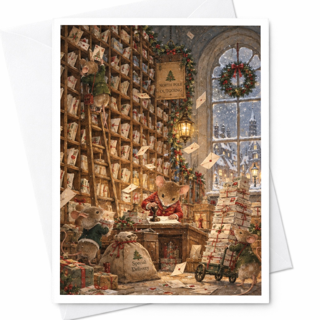 North Pole Outgoing Christmas Card Festive Mice Holiday Greeting Card Cute Animal Illustration Special Delivery C9038