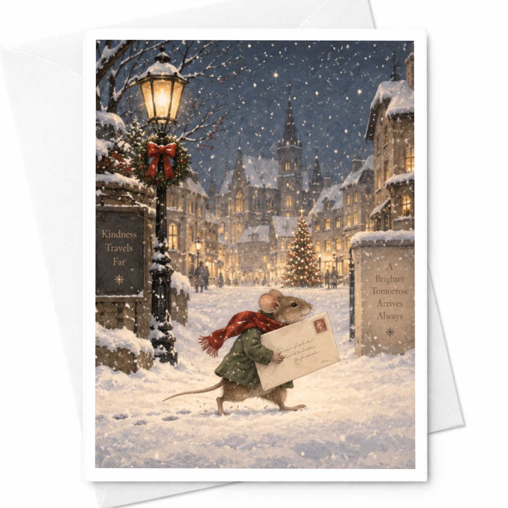 Kindness Travels Far A Brighter Tomorrow Arrives Always Christmas Card Mouse With Letter Snowy Village Holiday Greeting C9040