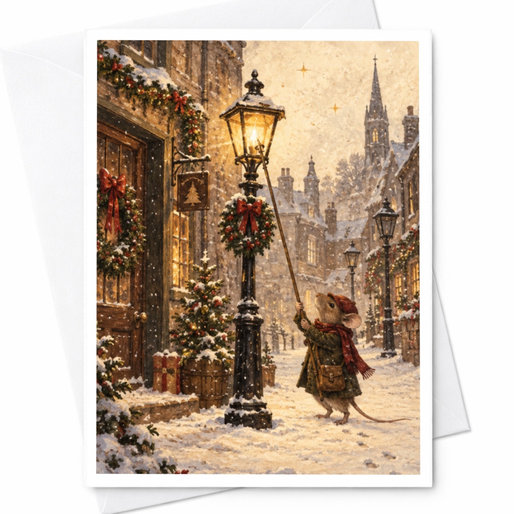 Mouse Winter Scene Christmas Card Cute Holiday Greeting Card For Animal Lover Festive Snowy Street Illustration C9047