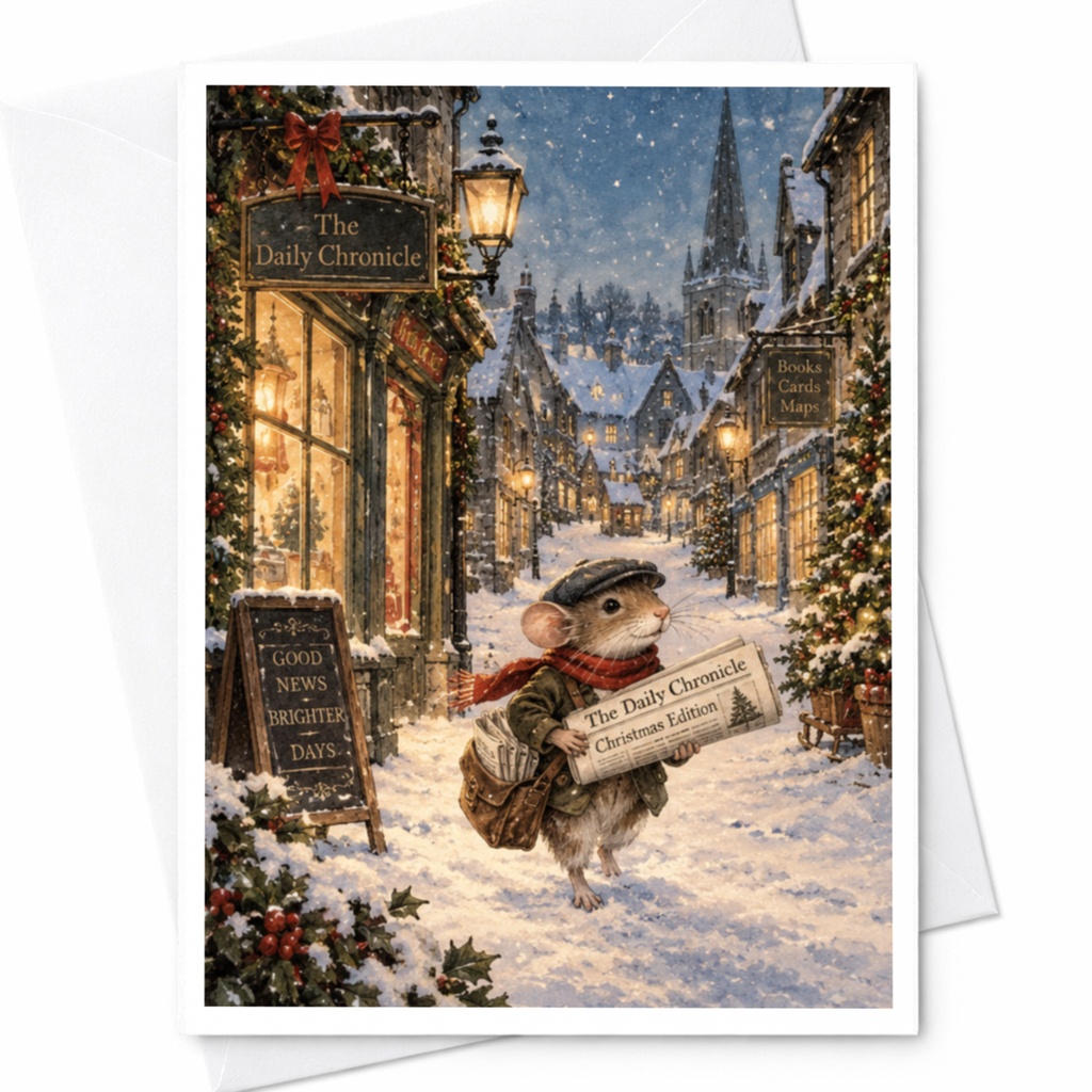 The Daily Chronicle Christmas Edition Cute Mouse Christmas Card Winter Village Scene Holiday Greeting Card For Animal Lover C9051