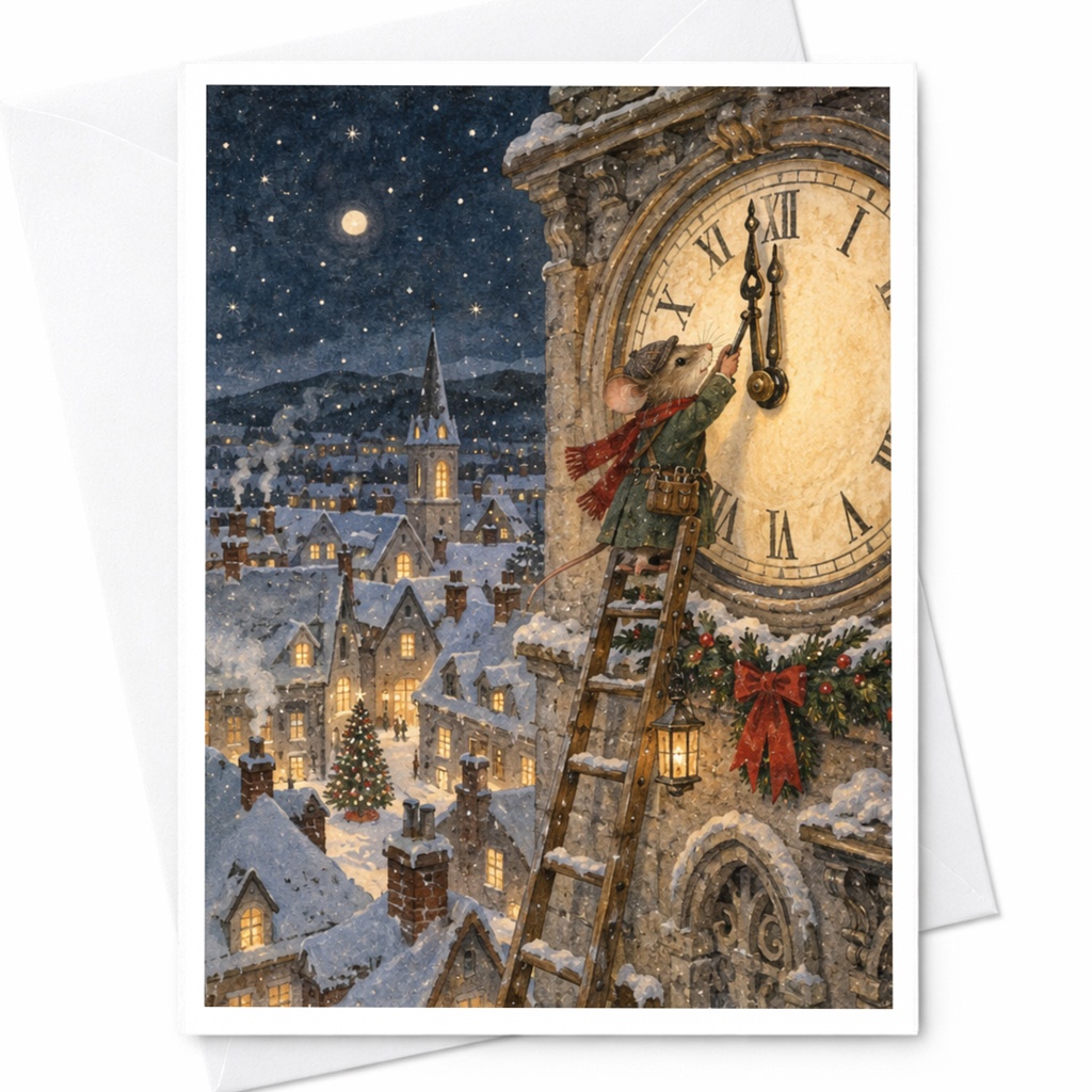 Mouse Adjusting Clock Christmas Card Winter Scene Holiday Greeting Card Cute Animal Illustration For Kids Family C9055