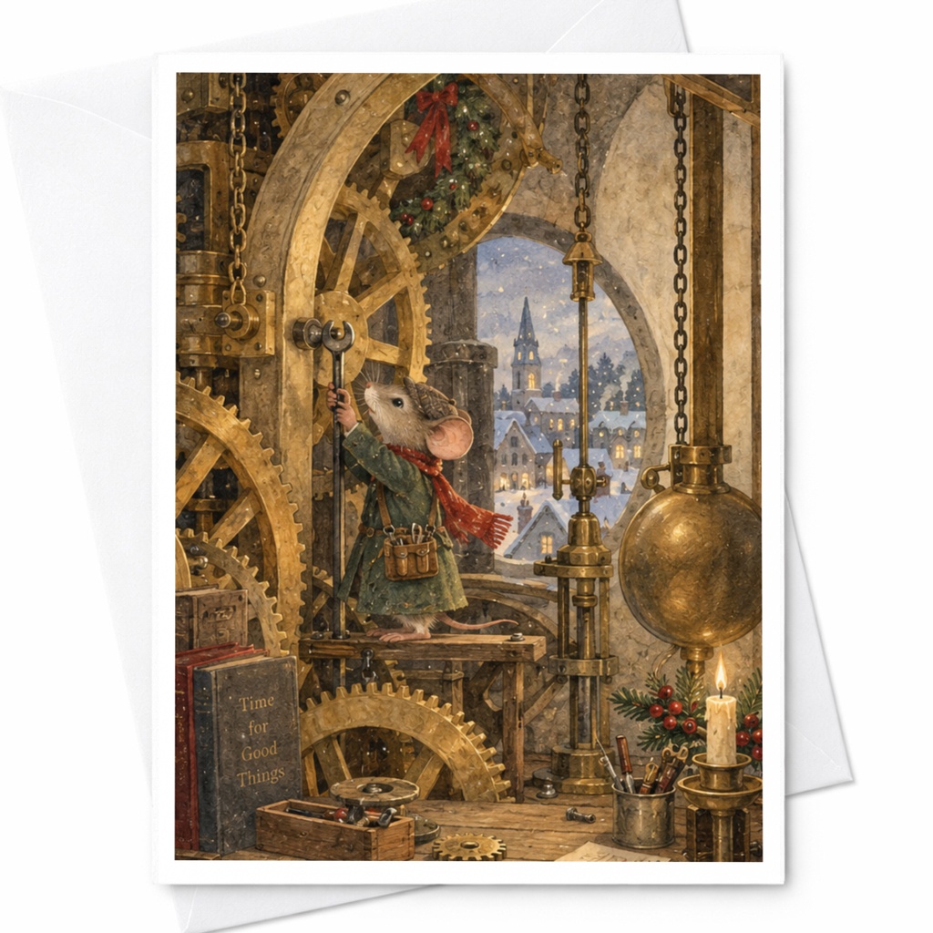 Time For Good Things Christmas Card Cute Mouse With Gears Holiday Greeting Card Winter Scene For Friend Family C9056