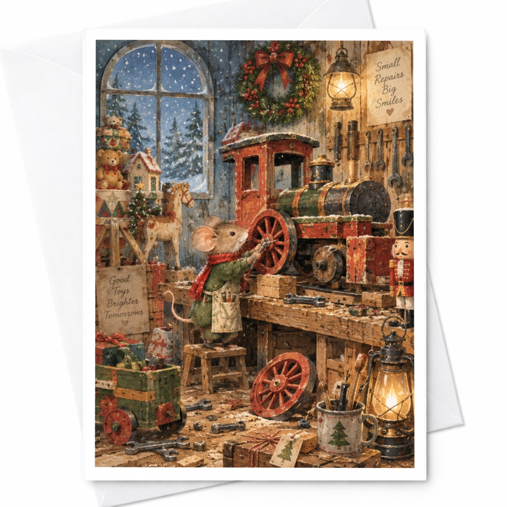 Good Toys Brighter Tomorrows Christmas Card Cute Mouse Workshop Holiday Greeting Card For Kids Family Festive Scene C9062